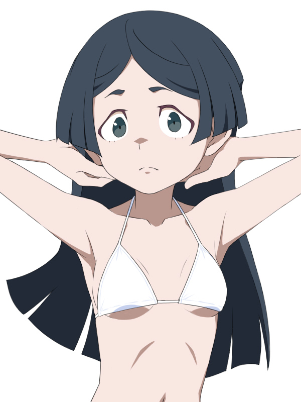 1girl armpits arms_up bangs barbara_parker bare_shoulders bikini black_eyes black_hair blunt_ends breasts closed_mouth collarbone halterneck hands_in_hair light_frown little_witch_academia long_hair looking_at_viewer navel parted_bangs satochi short_eyebrows sidelocks simple_background small_breasts solo swimsuit tareme under_boob upper_body white_background white_bikini