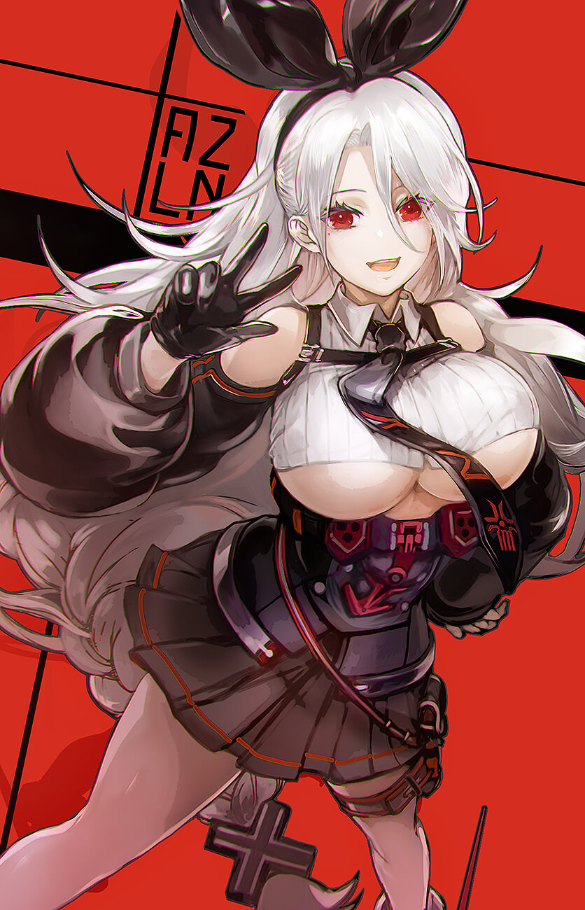 1girl :d azur_lane bangs bare_shoulders black_gloves black_necktie black_skirt black_sleeves bodice braid breasts chest_belt collared_shirt comaza commentary_request cowboy_shot crop_top cross cross_hair_ornament detached_sleeves eyebrows_behind_hair eyebrows_visible_through_hair gloves hair_between_eyes hair_ornament hair_ribbon hand_on_hip hand_up highres iron_blood_(emblem) iron_cross large_breasts leg_belt long_hair looking_at_viewer mole mole_under_eye necktie open_mouth pleated_skirt pouch prinz_heinrich_(azur_lane) red_background red_eyes ribbed_shirt ribbon shirt sidelocks skirt sleeveless sleeveless_shirt smile solo standing teeth under_boob upper_teeth v very_long_hair white_hair