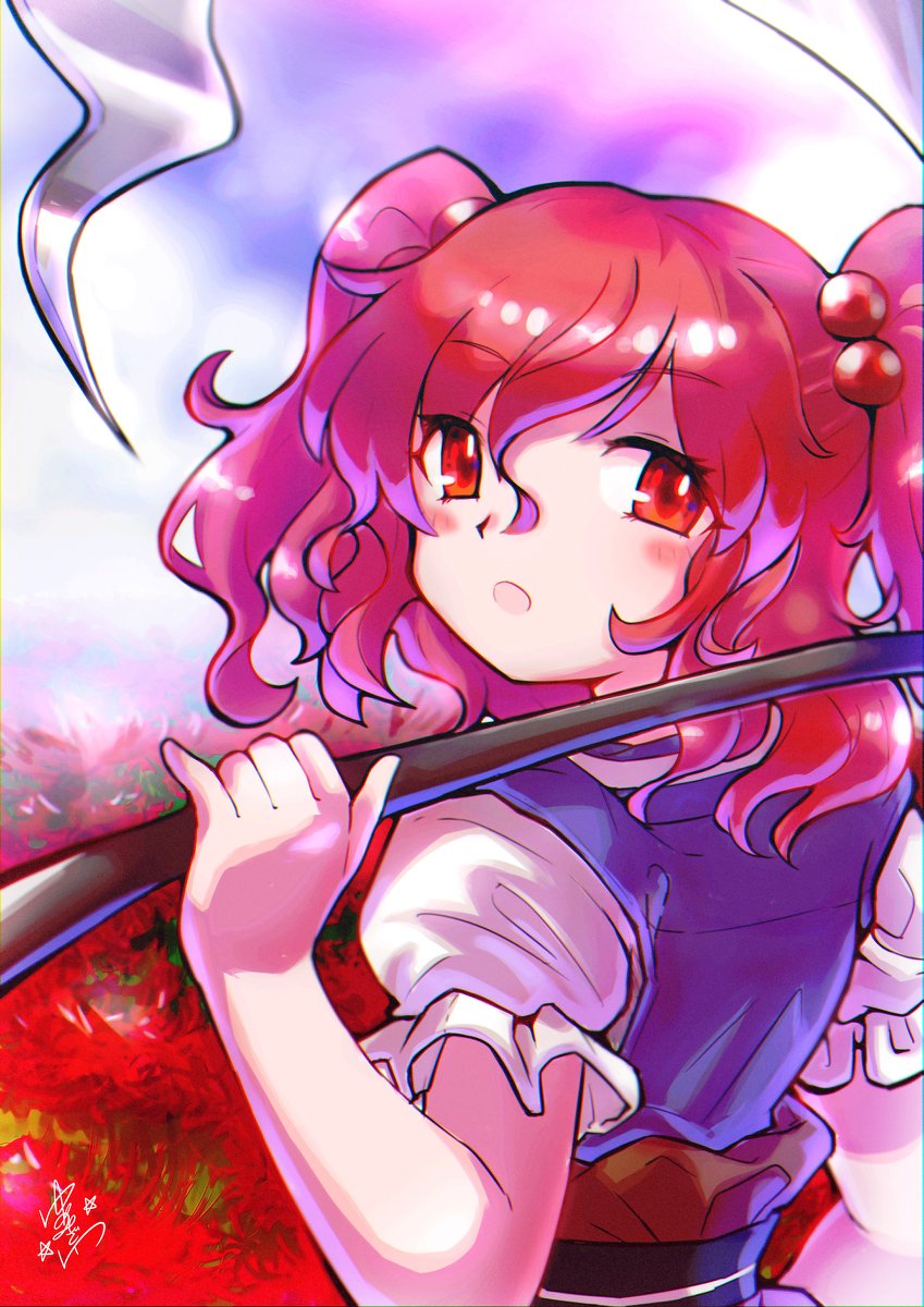 1girl :o blade facing_viewer flower highres holding holding_weapon onozuka_komachi open_mouth polearm red_eyes redhead scythe short_twintails spider_lily touhou twintails weapon yumemizawazawa