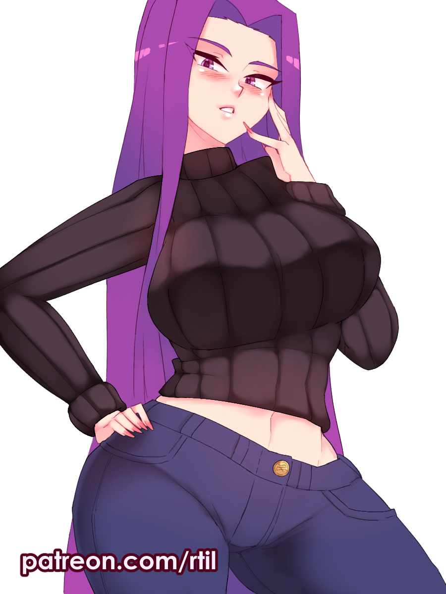 1girl black_sweater blush breasts commentary contrapposto fate/stay_night fate_(series) fingernails hand_on_hip hand_on_own_cheek hand_on_own_face highres large_breasts long_fingernails long_hair long_sleeves medusa_(fate) medusa_(rider)_(fate) navel pants parted_lips purple_hair ribbed_sweater rtil solo sweater turtleneck turtleneck_sweater very_long_hair violet_eyes