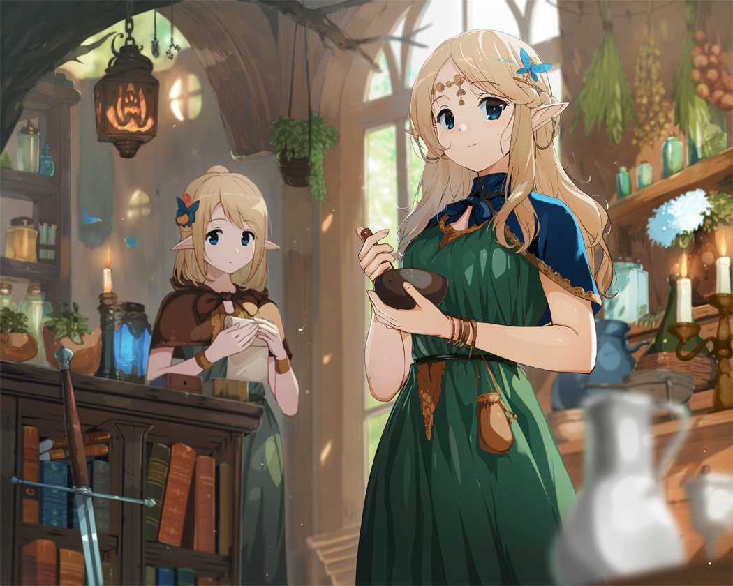 2girls blonde_hair blurry blurry_background blurry_foreground braid butterfly_hair_ornament candle capelet commentary day depth_of_field dress elf english_commentary fantasy french_braid hair_ornament hanging_plant holding indoors long_dress long_hair looking_at_viewer multiple_girls original plant pointy_ears potted_plant smile sword weapon yoshitake