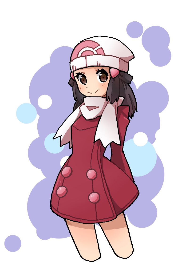 1girl beanie black_hair brown_eyes closed_mouth commentary_request hair_ornament hairclip hat hikari_(pokemon) long_hair looking_at_viewer miu_(miuuu_721) poke_ball_print pokemon pokemon_(game) pokemon_dppt pokemon_platinum scarf skirt smile solo white_headwear winter_clothes