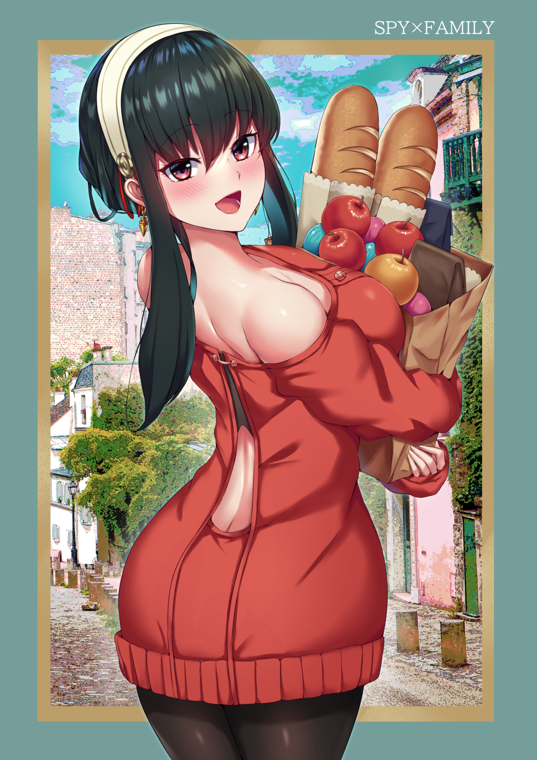 1girl apple back backless_outfit bag bare_shoulders black_hair black_legwear blush bread breasts building butt_crack carrying earrings food from_behind fruit hairband highres jewelry large_breasts long_sleeves looking_at_viewer looking_back open_mouth pantyhose red_eyes rindou_(rdgraphica) shopping_bag sidelocks sky smile solo spy_x_family tree yor_briar