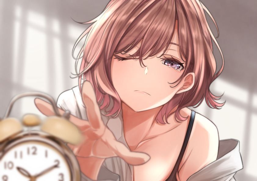 1girl bangs bare_shoulders blush brown_hair clock foreshortening higuchi_madoka idolmaster idolmaster_shiny_colors light_purple_eyes looking_at_viewer messy_hair no_mole one_eye_closed pajamas short_hair solo swept_bangs tears tktk-tnk waking_up