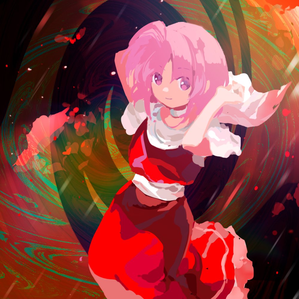 1girl abstract_background arms_behind_head cape choker closed_mouth commentary_request floating_cape frilled_skirt frills happy kaigen_1025 looking_at_viewer multicolored_background pink_eyes pink_hair red_shirt red_skirt sara_(touhou) sash shirt short_hair short_sleeves skirt smile solo touhou touhou_(pc-98) white_cape white_choker white_sash white_sleeves