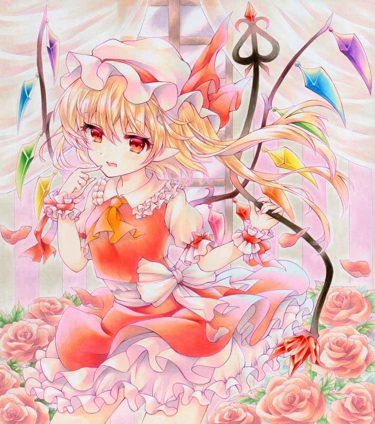 1girl bangs blonde_hair bow breasts collar cowboy_shot crystal eyes_visible_through_hair fang finger_to_mouth flandre_scarlet flower frilled_collar frilled_skirt frills hat hat_bow holding holding_weapon indoors laevatein_(touhou) marker_(medium) mob_cap open_mouth pointy_ears puffy_short_sleeves puffy_sleeves red_bow red_eyes red_skirt red_vest rose shirt short_sleeves skin_fang skirt skirt_set small_breasts solo touhou traditional_media underskirt vest waist_bow wassmint weapon white_bow white_shirt window wings wrist_cuffs