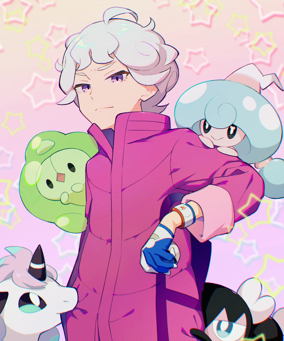 1boy ahoge bangs bede_(pokemon) closed_mouth coat coat_tug commentary_request curly_hair duosion dynamax_band galarian_ponyta gloves gothorita grey_hair hattrem holding kurochiroko looking_at_viewer male_focus pokemon pokemon_(creature) pokemon_(game) pokemon_swsh purple_coat short_hair sleeves_rolled_up star_(symbol) violet_eyes