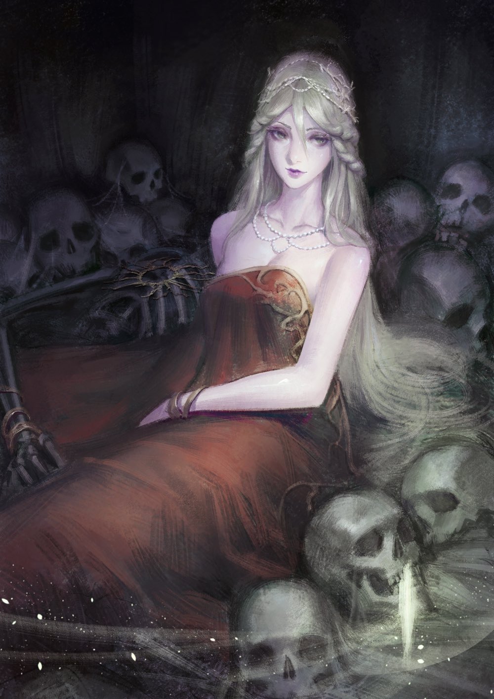 1girl bed_sheet blonde_hair blue_eyes breasts closed_mouth elden_ring fia_the_deathbed_companion highres jewelry long_hair looking_at_viewer phamoz sitting skeleton skull solo