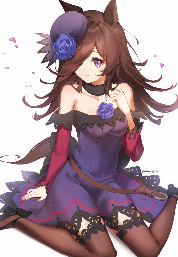 1girl animal_ears bangs bare_shoulders blue_flower blue_rose brown_hair brown_legwear collarbone covered_navel dress flower fur_choker hair_over_one_eye hat hat_flower high_heels horse_ears horse_girl horse_tail kiwi0314 long_hair off-shoulder_dress off_shoulder parted_bangs petals purple_dress purple_headwear rice_shower_(umamusume) rose sheath sitting solo tail thigh-highs twitter_username umamusume violet_eyes wariza