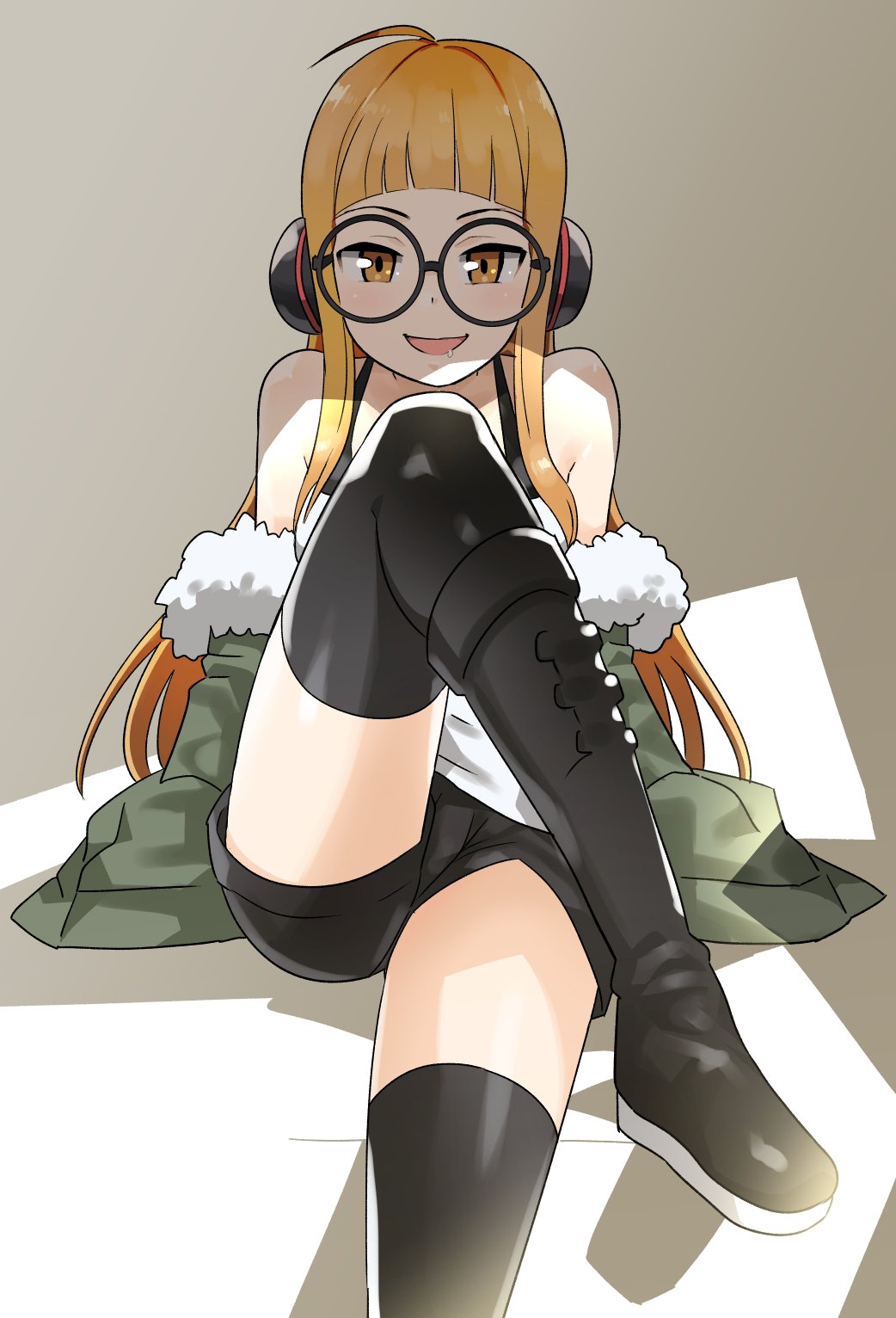 1girl behind-the-head_headphones black-framed_eyewear breasts fur-trimmed_jacket fur_trim glasses green_jacket headphones highres jacket long_hair looking_at_viewer open_mouth orange_hair otoi_rekomaru persona persona_5 sakura_futaba smile solo thigh-highs