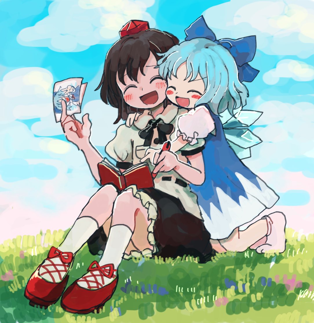 2girls :d ^_^ bangs black_hair black_ribbon blue_bow blue_dress blue_hair blush book bow cirno closed_eyes clouds cloudy_sky collared_shirt commentary commission dress eyebrows_visible_through_hair footwear_ribbon grass hair_bow hat holding hug hug_from_behind ice ice_wings leaning_on_person marker multiple_girls neck_ribbon picture_(object) puffy_short_sleeves puffy_sleeves red_footwear red_headwear red_ribbon ribbon ribbon_trim rome35793562 shameimaru_aya shirt shoes short_hair short_sleeves sitting skeb_commission sky smile tokin_hat touhou v white_legwear white_shirt wings