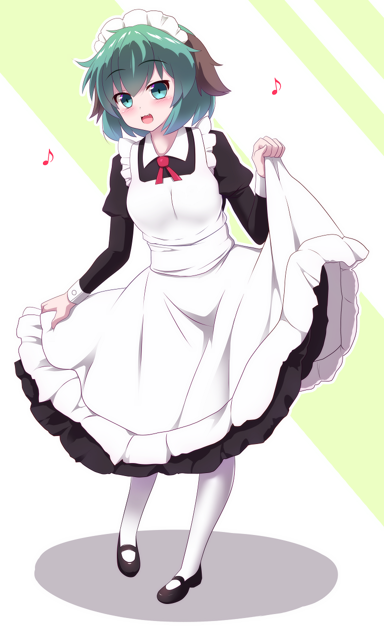 1girl :d alternate_costume apron bangs black_footwear eyebrows_visible_through_hair full_body green_eyes green_hair highres juliet_sleeves kasodani_kyouko long_sleeves looking_at_viewer maid maid_apron maid_headdress musical_note open_mouth puffy_sleeves short_hair sivamaron smile solo striped striped_background touhou white_legwear