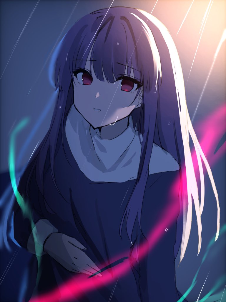 1girl asagami_fujino bangs black_dress commentary_request dress eyebrows_visible_through_hair habit hair_between_eyes hand_on_own_stomach kara_no_kyoukai long_hair long_sleeves looking_at_viewer outdoors purple_hair rain red_eyes reien_girl's_academy_school_uniform sakura_(tariliko) school_uniform solo straight_hair uniform upper_body wet