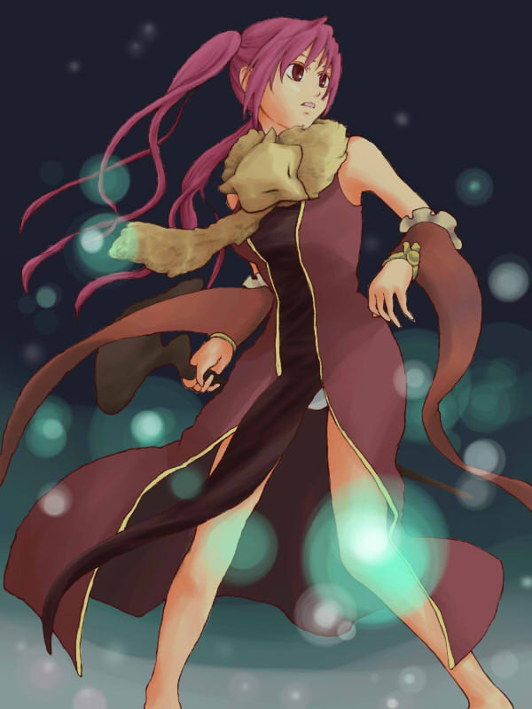 1girl animal_around_neck bangs breasts detached_sleeves dress feet_out_of_frame fox holding holding_staff long_hair looking_to_the_side magic medium_breasts open_mouth panties pelvic_curtain pink_eyes pink_hair professor_(ragnarok_online) ragnarok_online red_dress red_sleeves sleeveless sleeveless_dress solo staff twintails underwear white_panties yamane11