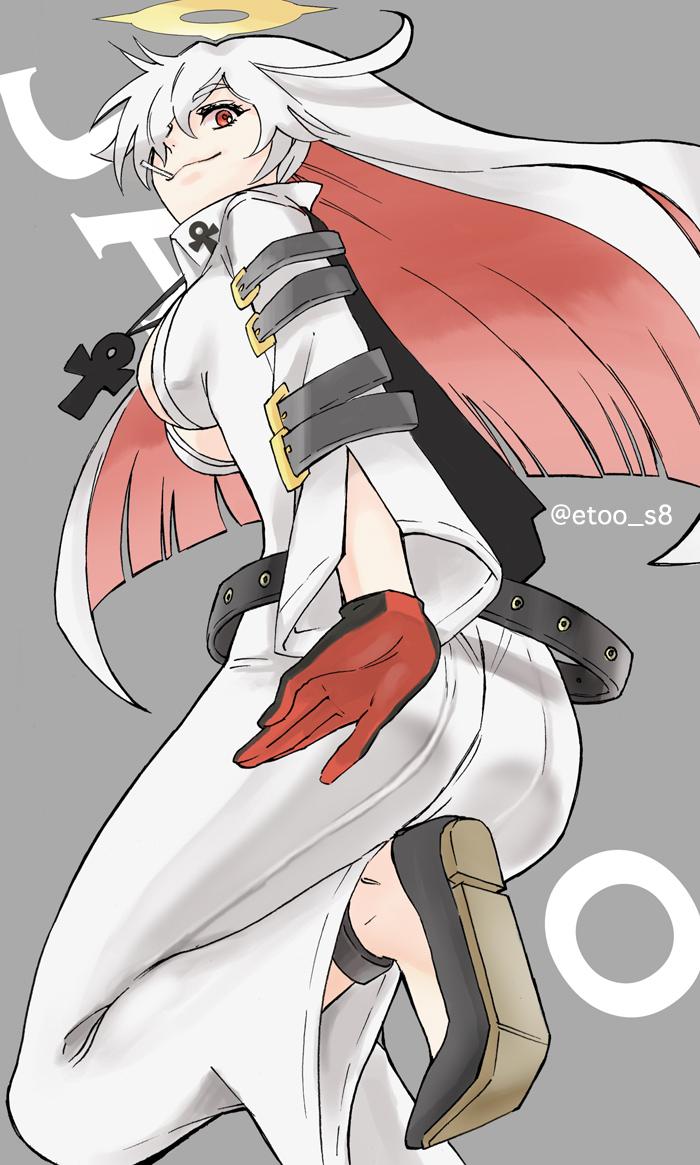 1girl ankh ass belt black_gloves bodysuit breasts candy closed_mouth food gloves guilty_gear guilty_gear_xrd halo jack-o'_valentine lollipop long_hair looking_at_viewer multicolored_hair red_eyes redhead simple_background smile solo toutoumi two-tone_hair white_bodysuit white_hair