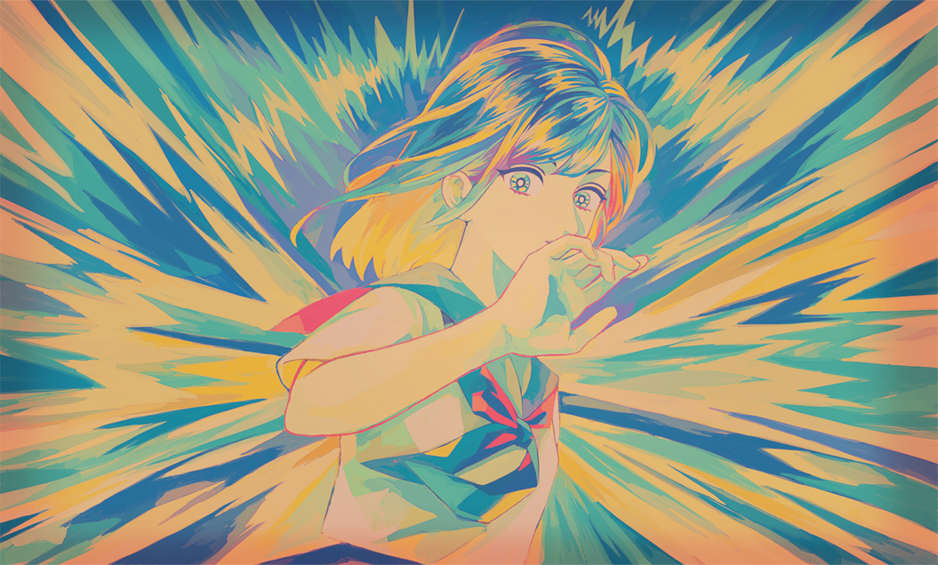 1girl colorful covered_mouth emphasis_lines hand_up limited_palette looking_to_the_side medium_hair neckerchief original school_uniform serafuku sharp911 short_sleeves solo upper_body wind