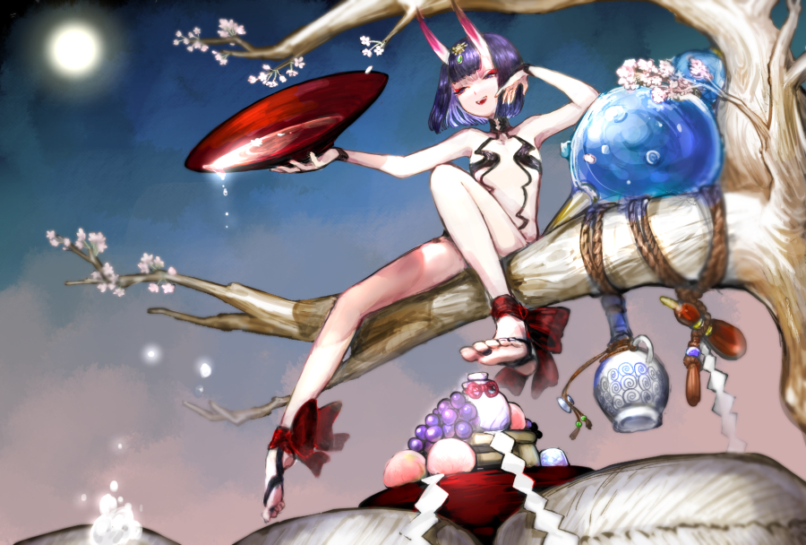 1girl :d alcohol bare_arms bare_shoulders collarbone cup dripping fate/grand_order fate_(series) flower food fruit full_body full_moon gourd grapes hand_up holding holding_cup horns in_tree moon no_shoes oni oni_horns peach pink_flower purple_hair revealing_clothes rope sakazuki sake short_hair shuten_douji_(fate) sitting sitting_in_tree smile solo tree uzura_(bonnet225) violet_eyes