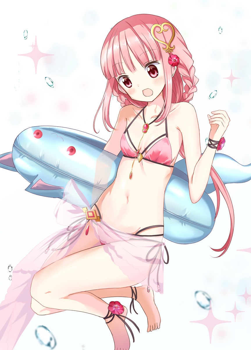 1girl alternate_hairstyle anklet bangs barefoot bikini blush bracelet braid breasts commentary eyebrows_visible_through_hair floating hair_ornament halterneck highres holding holding_innertube innertube jewelry kyubey legs_up long_hair magia_record:_mahou_shoujo_madoka_magica_gaiden mahou_shoujo_madoka_magica multi-strapped_bikini navel necklace open_mouth pink_bikini pink_eyes pink_hair pink_sarong rikopin small_breasts solo soul_gem swimsuit tamaki_iroha water_drop