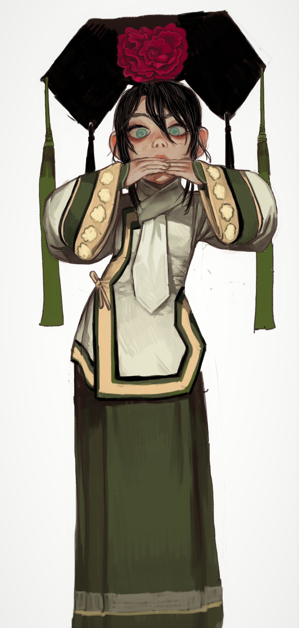 1girl avatar:_the_last_airbender avatar_(series) blue_eyes freckles green_skirt hands_up hat highres long_skirt long_sleeves looking_at_viewer mossacannibalis own_hands_together parted_lips simple_background skirt solo standing toph_bei_fong white_background wide_sleeves