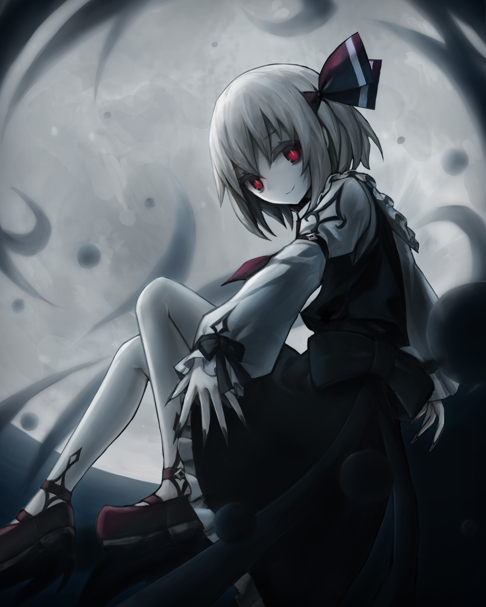 1girl arm_belt black_dress black_nails blonde_hair collar commentary darkness dress eyebrows_visible_through_hair frilled_collar frilled_dress frills full_moon gothic hair_ribbon highres knees_up long_sleeves looking_at_viewer moon pale_skin puffy_long_sleeves puffy_sleeves red_eyes red_footwear red_ribbon ribbon rumia shirt shoes short_hair sitting smile solo spark621 touhou white_shirt