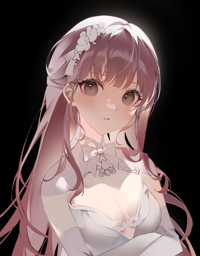 1girl bangs black_background blunt_bangs bow bowtie breasts bridal_gauntlets bride brown_eyes brown_hair commentary_request dress ixerx0 long_hair looking_at_viewer original parted_lips simple_background small_breasts solo wedding_dress white_bow white_bowtie white_dress