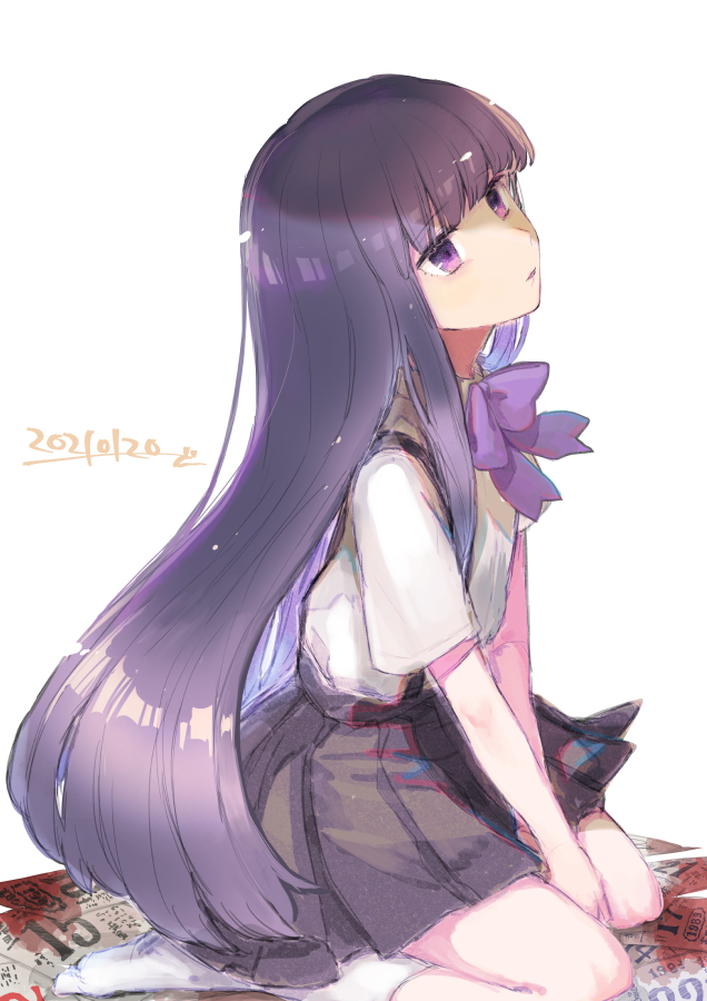 1girl bangs between_legs black_skirt blunt_bangs bow collared_shirt dated eyebrows_visible_through_hair furude_rika hand_between_legs higurashi_no_naku_koro_ni long_hair looking_away no_shoes parted_lips pleated_skirt purple_bow purple_hair shirt short_sleeves simple_background sitting skirt socks solo suspender_skirt suspenders uzura_(bonnet225) very_long_hair violet_eyes wariza white_background white_legwear white_shirt