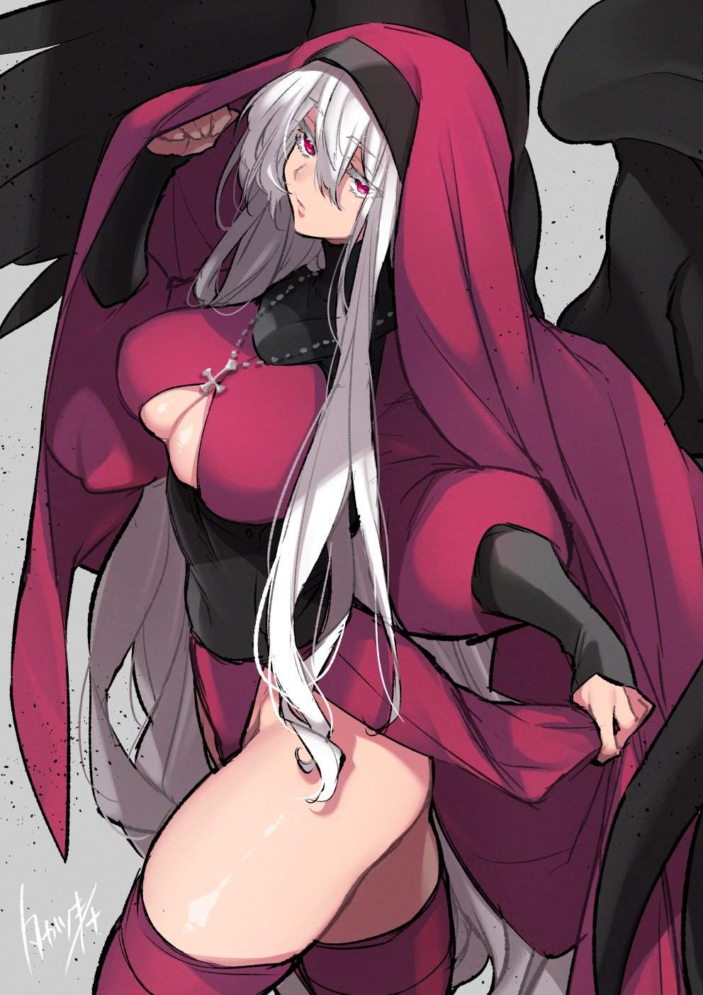 1girl ass bird_wings black_wings breasts clothing_cutout commentary_request covered_navel cross cross_necklace dress eyebrows_visible_through_hair hair_between_eyes highleg highres jewelry large_breasts lips long_hair looking_at_viewer necklace nun original red_dress red_eyes red_headwear red_legwear signature solo takatsuki_ichi thigh-highs thighs underboob_cutout veil very_long_hair white_hair wings