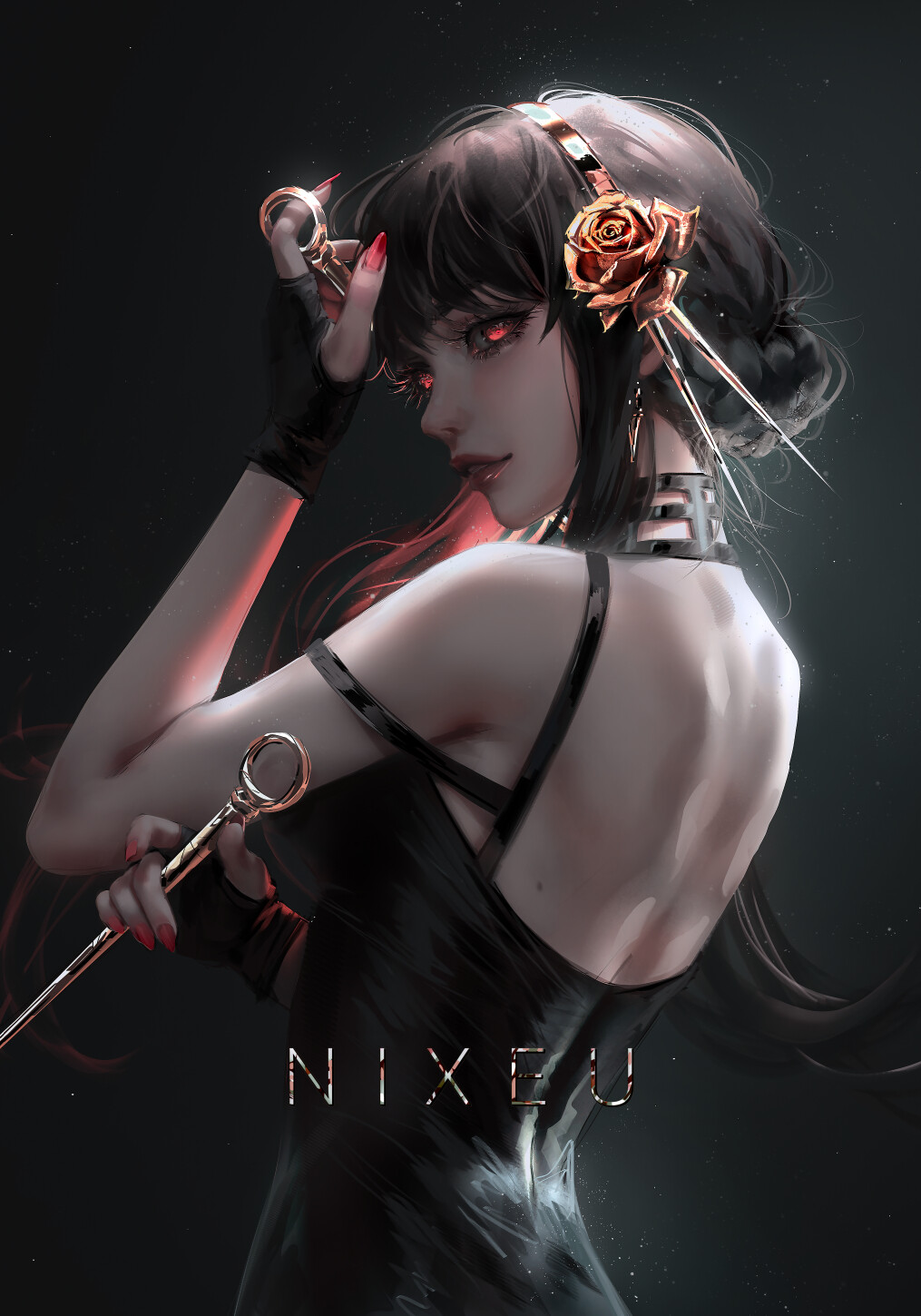 1girl artist_name bangs bare_shoulders black_background black_dress black_hair black_theme blunt_bangs braid braided_bun breasts dress dual_wielding earrings english_commentary eyelashes fingerless_gloves flower from_behind gloves glowing glowing_eyes hair_flower hair_ornament hairband hand_on_own_forehead hand_up highres holding holding_weapon jewelry light_particles light_smile looking_at_viewer looking_back mixed-language_commentary mole mole_on_back multicolored_hair nail_polish nixeu parted_lips red_eyes red_lips red_nails redhead reverse_grip rose sidelocks sleeveless sleeveless_dress solo spikes spy_x_family streaked_hair updo upper_body weapon yellow_flower yellow_rose yor_briar