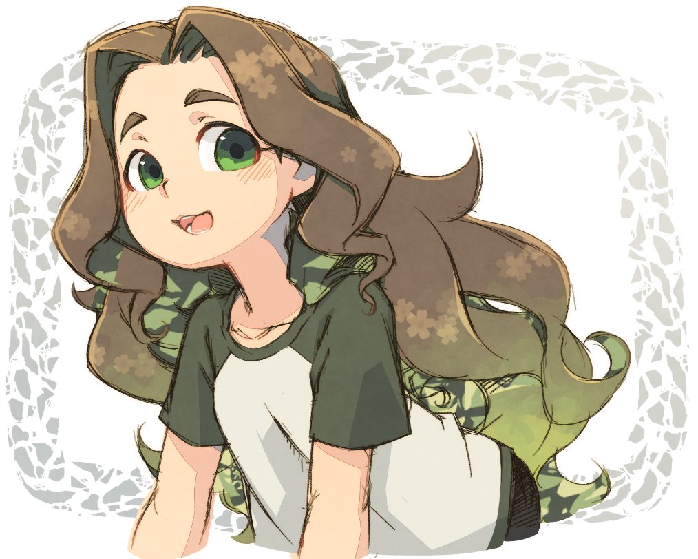 1girl :3 arm_support bangs black_pants blush brown_hair collarbone commentary_request enuma_(uma-festival) flat_chest floral_print green_eyes green_hair green_sleeves idolmaster idolmaster_cinderella_girls kusakabe_wakaba long_hair looking_at_viewer multicolored_hair open_mouth pants parted_bangs shirt simple_background smile solo t-shirt teeth thick_eyebrows two-tone_hair upper_body wavy_hair white_background white_shirt