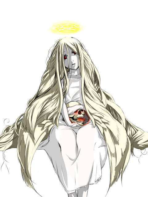 1girl absurdly_long_hair bangs blonde_hair chome_(umenigiri) dress feet_out_of_frame glowing hair_between_eyes halo holding holding_skull long_hair looking_at_viewer mistress_of_shelter open_mouth ragnarok_online red_eyes simple_background sitting skirt skull sleeveless sleeveless_dress solo very_long_hair white_background white_dress white_skirt