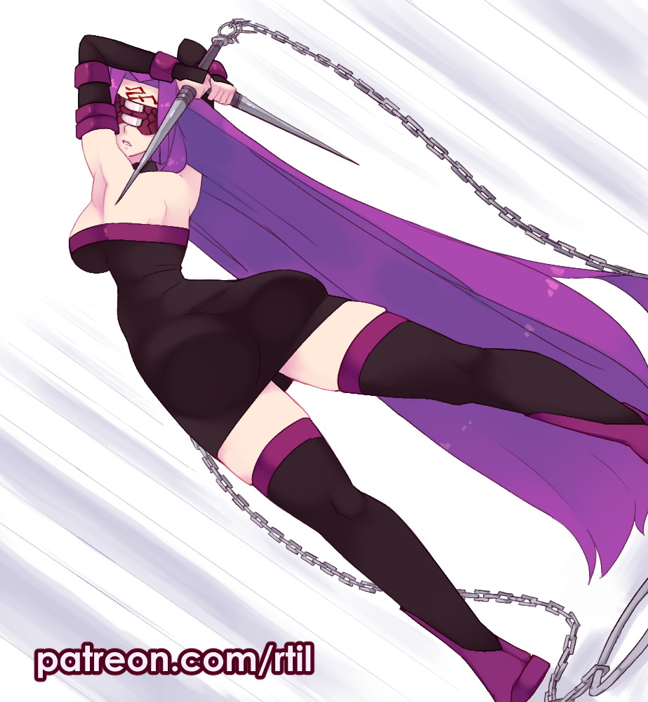 1girl arched_back armpits arms_up ass black_dress breasts chain commentary covered_eyes detached_sleeves dress dutch_angle eyepatch facial_mark facing_viewer fate/stay_night fate_(series) forehead_mark large_breasts legs_apart long_hair medusa_(fate) medusa_(rider)_(fate) parted_lips purple_hair rtil solo strapless strapless_dress thigh-highs very_long_hair weapon