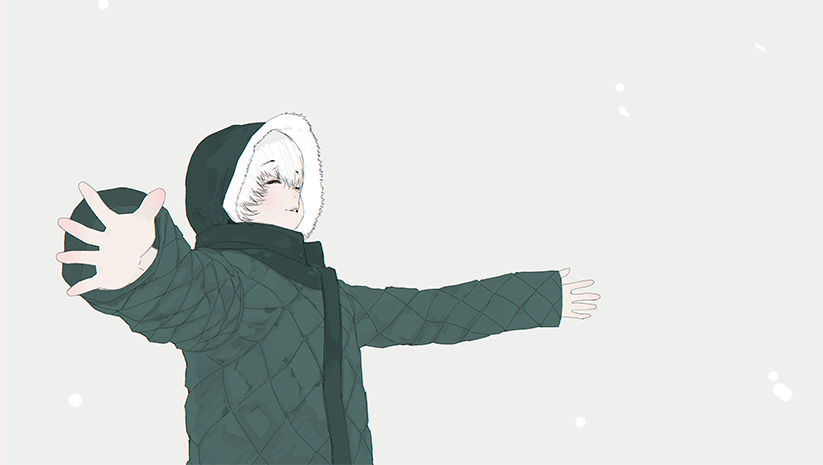1girl closed_eyes coat commentary d.k english_commentary fur_trim hood hood_up nier nier_(series) outstretched_arms scarf short_hair simple_background smile snowing solo white_hair winter_clothes winter_coat yonah