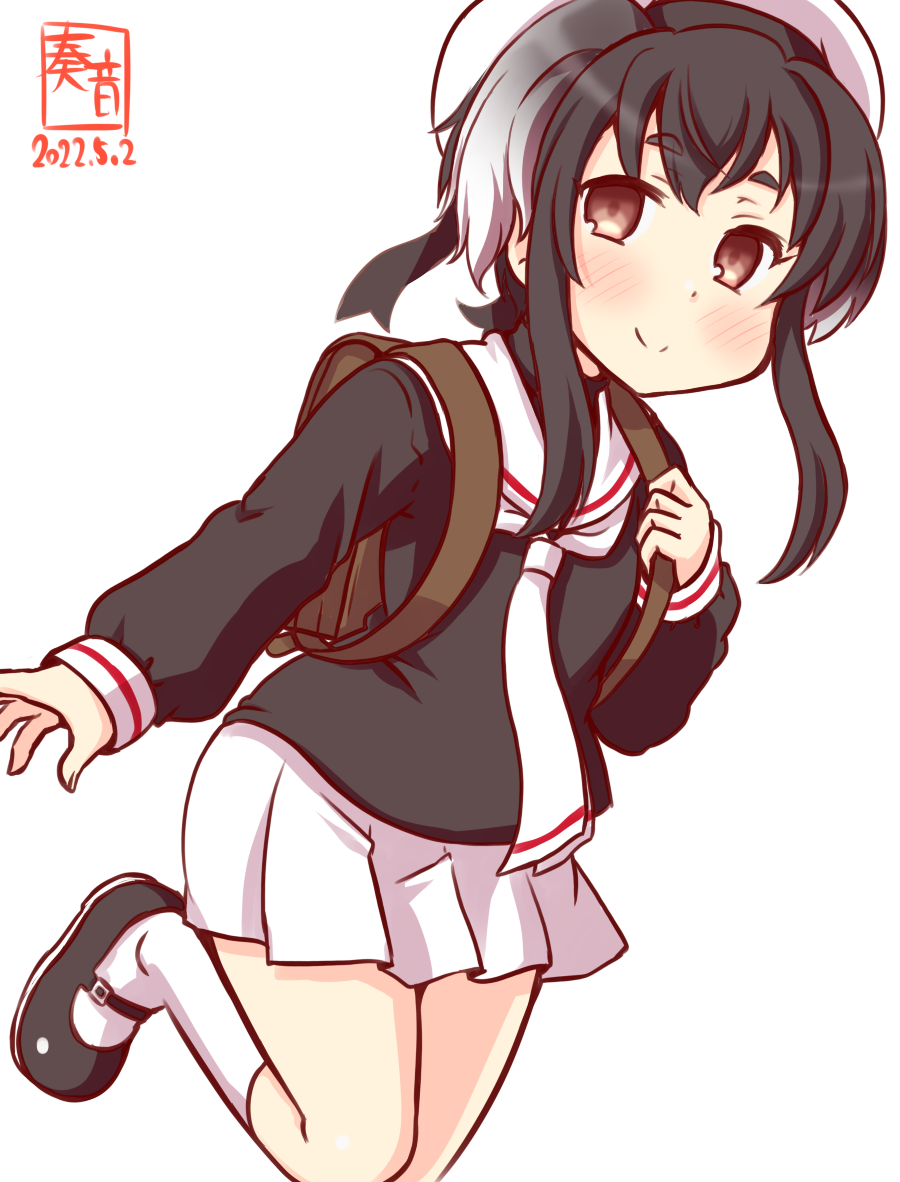 1girl artist_logo backpack bag black_hair black_shirt brown_eyes cardcaptor_sakura commentary_request cosplay cowboy_shot dated kanon_(kurogane_knights) kantai_collection mary_janes neckerchief one-hour_drawing_challenge pleated_skirt randoseru sailor_collar school_uniform serafuku shirt shoes short_hair short_hair_with_long_locks sidelocks simple_background skirt smile solo tokitsukaze_(kancolle) tomoeda_elementary_school_uniform white_background white_neckerchief white_sailor_collar white_skirt