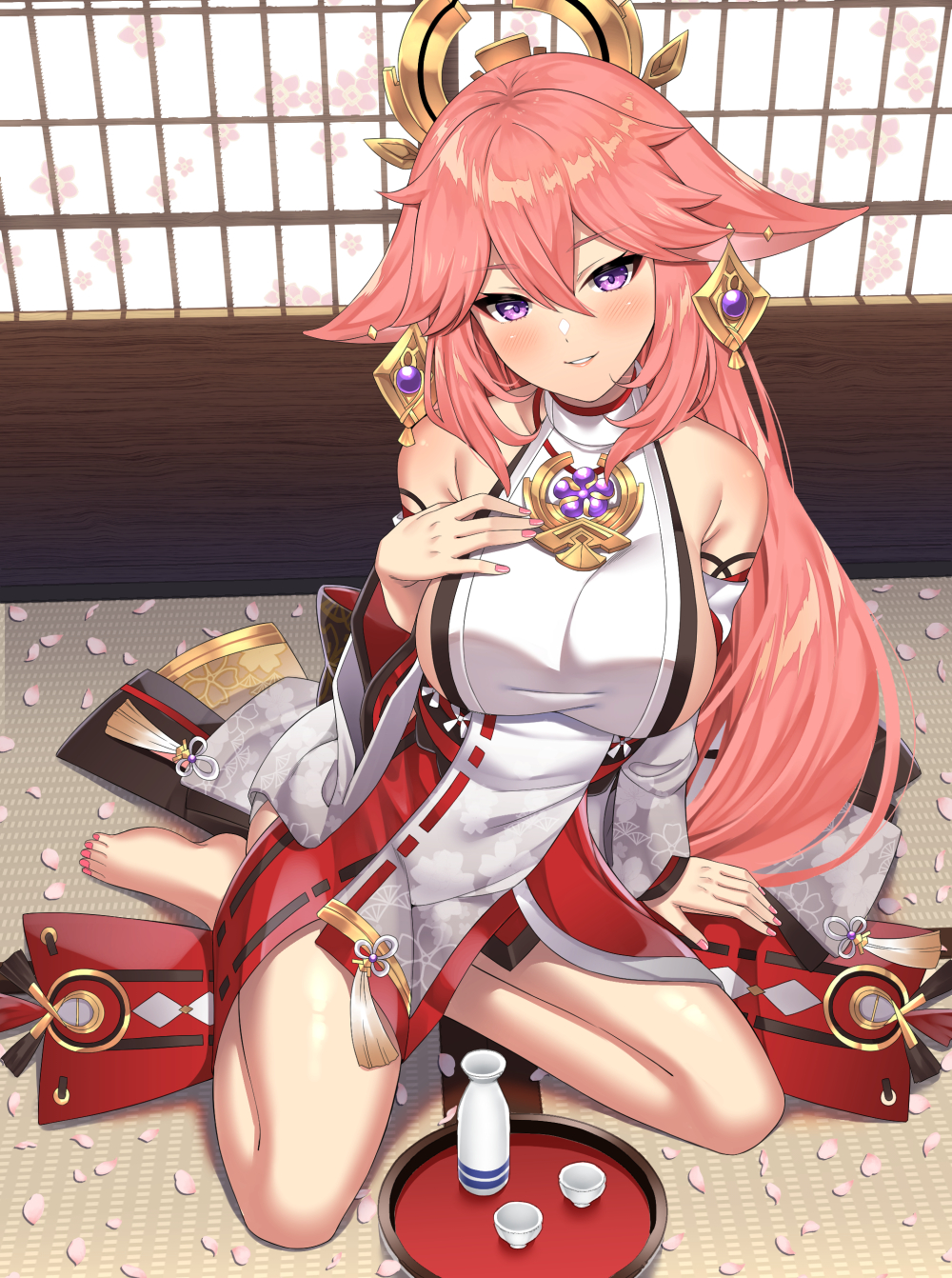 1girl alcohol animal_ears arm_support bare_legs bare_shoulders breasts choko_(cup) cup detached_sleeves earrings eyebrows_visible_through_hair fox_ears genshin_impact hair_between_eyes hair_ornament hand_on_own_chest highres indoors jewelry large_breasts long_hair looking_at_viewer nail_polish nectar_(fujiya) parted_lips pendant petals pink_hair pink_nails sake shirt sitting sleeveless sleeveless_shirt smile solo toenail_polish toenails violet_eyes vision_(genshin_impact) wariza white_shirt yae_miko