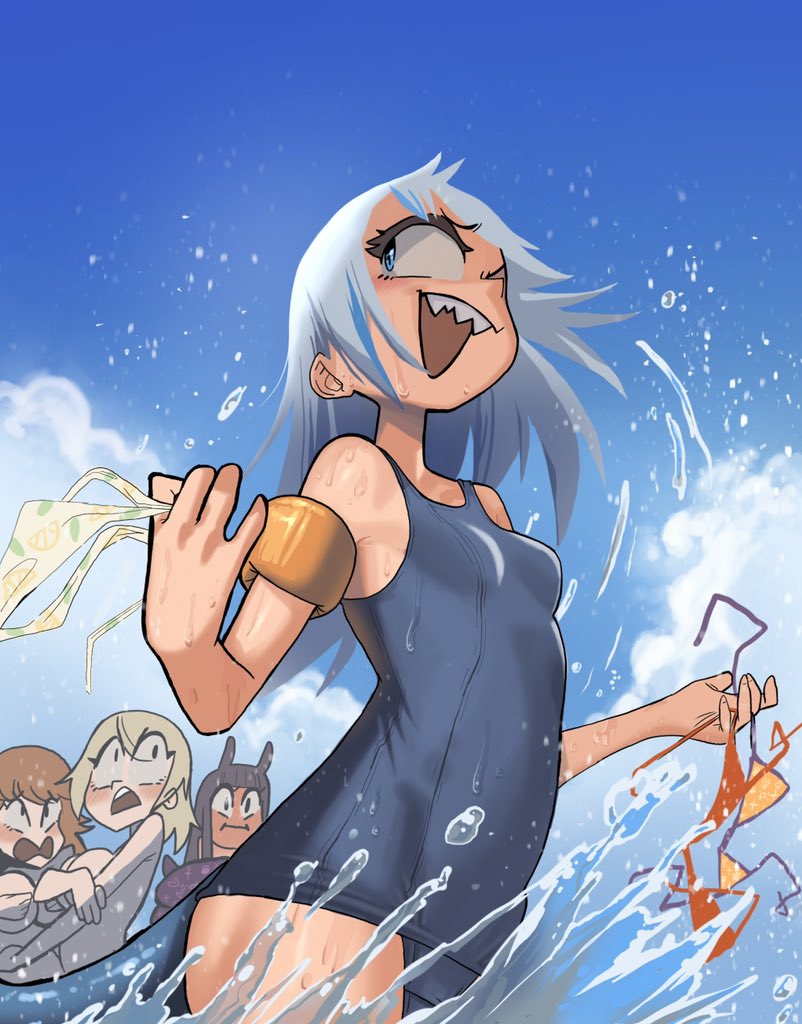 bangs bikini blonde_hair blue_eyes blue_hair blush clothes_theft covering covering_breasts fish_tail gawr_gura hololive hololive_english inflatable_armbands long_hair multicolored_hair multiple_girls ninomae_ina'nis one-piece_swimsuit open_mouth orange_hair purple_hair school_swimsuit shark_tail streaked_hair swimsuit tail takanashi_kiara teeth theft virtual_youtuber water watson_amelia zedd_(zedgawr)