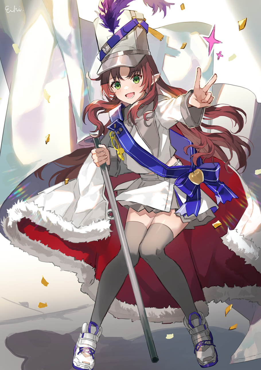 1girl arknights artist_name black_legwear blue_sash drum_major eihi flag green_eyes hat hat_feather highres holding holding_flag long_hair long_sleeves looking_at_viewer myrtle_(arknights) myrtle_(light_gold_celebration)_(arknights) open_mouth pointy_ears redhead sash shako_cap shirt signature skirt smile solo thigh-highs v white_flag white_headwear white_shirt white_skirt
