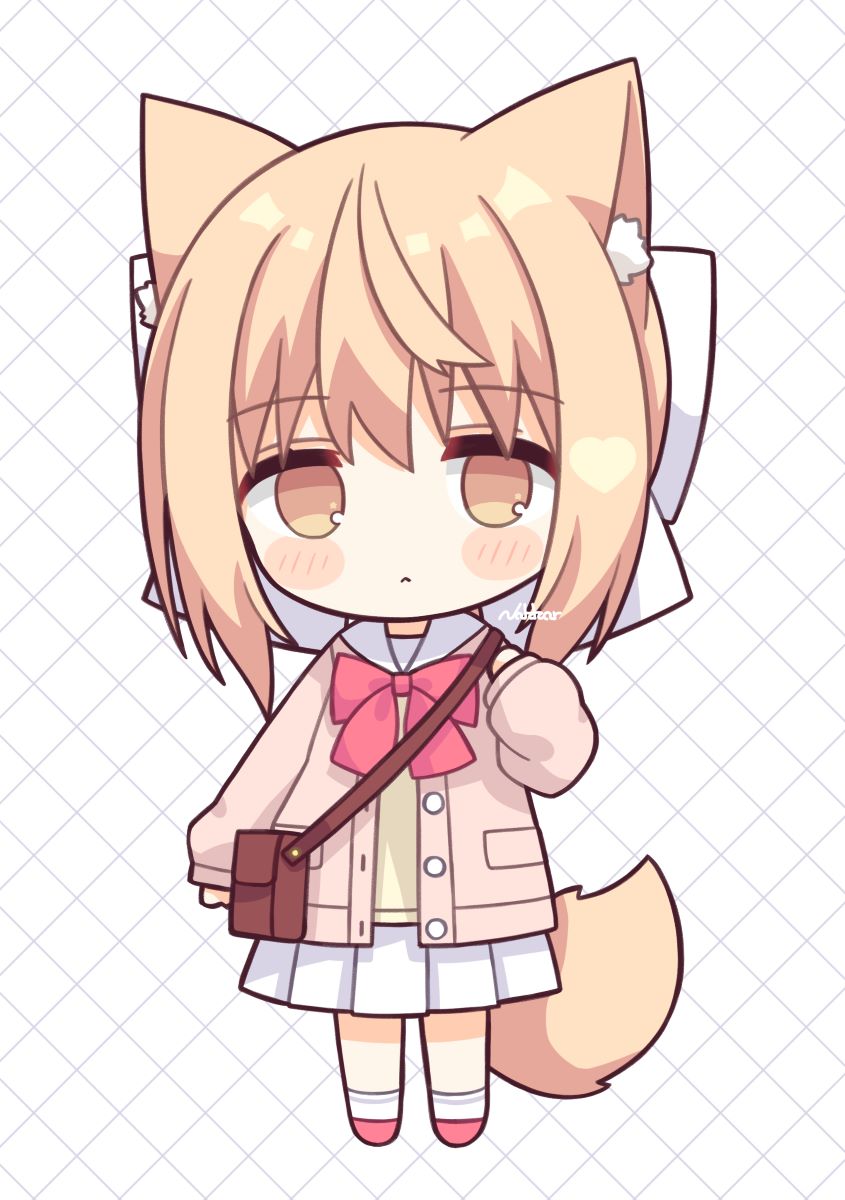 1girl :&lt; animal_ear_fluff animal_ears bag bangs blonde_hair blush_stickers bow brown_eyes chibi closed_mouth commentary_request eyebrows_visible_through_hair full_body hair_between_eyes hair_bow highres jacket long_sleeves looking_at_viewer miike-chan nakkar open_clothes open_jacket original pink_jacket pleated_skirt puffy_long_sleeves puffy_sleeves red_bow red_footwear sailor_collar shirt shoes shoulder_bag signature skirt socks solo standing tail white_background white_bow white_legwear white_sailor_collar white_skirt yellow_shirt