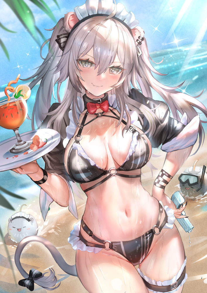 1girl animal_ears bangs beach bikini black_bikini black_bow black_nails bow bowtie breasts closed_mouth cowboy_shot crazy_straw cup day drinking_glass drinking_straw ear_piercing fang fang_out grey_eyes grey_hair holding holding_tray holding_water_gun hololive leg_garter lion_ears lion_girl lion_tail long_hair looking_at_viewer maid_headdress multi-strapped_bikini nail_polish navel o-ring o-ring_bikini outdoors piercing puffy_short_sleeves puffy_sleeves qian_wu_atai red_bow red_bowtie shishiro_botan short_sleeves solo ssrb standing stomach summer swimsuit tail tail_bow tail_ornament tray tropical_drink two_side_up water_gun