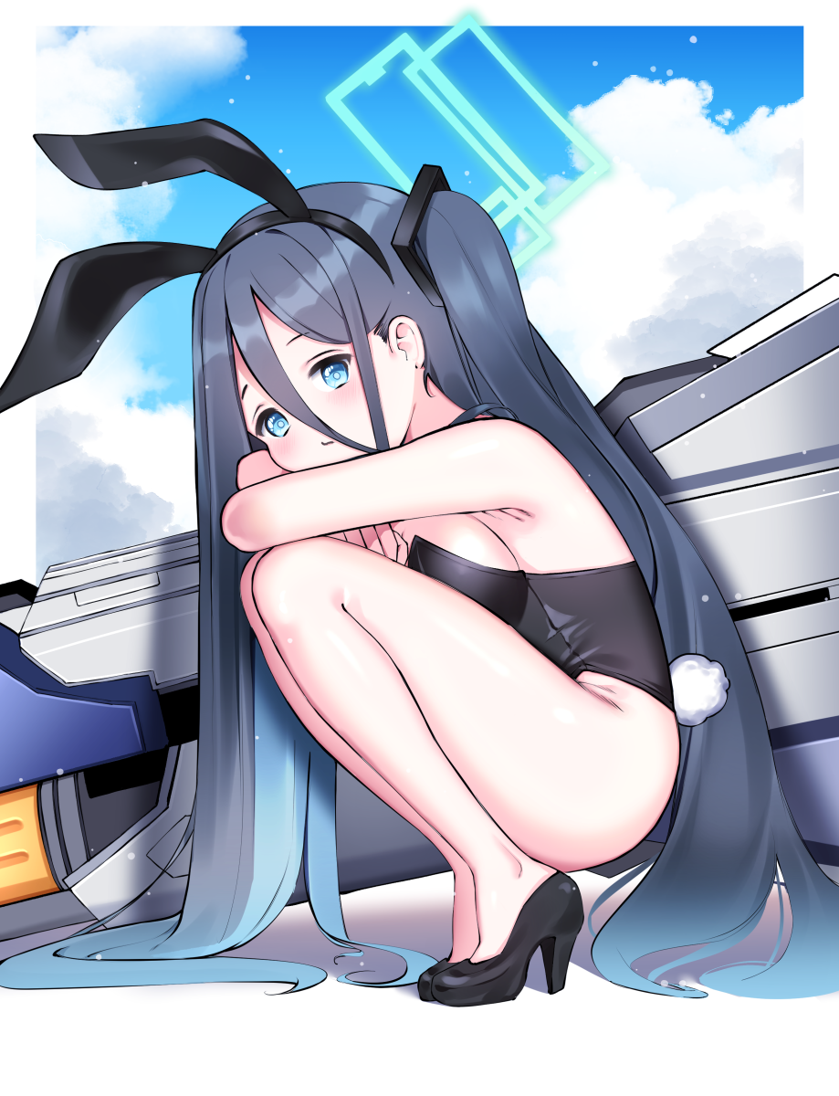 1girl animal_ears arisu_(blue_archive) bare_arms bare_legs bare_shoulders black_footwear black_hair black_leotard blue_archive blue_eyes blue_hair breasts closed_mouth clouds commentary crossed_arms eyebrows_visible_through_hair fake_animal_ears fake_tail full_body gun hair_between_eyes hair_ornament halo high_heels highleg highleg_leotard highres ine_(ineinnen) legs_folded leotard long_hair looking_at_viewer multicolored_hair playboy_bunny rabbit_tail shadow sky solo squatting strapless strapless_leotard streaked_hair tail two-tone_hair very_long_hair weapon