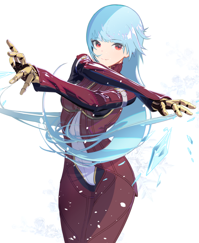 1girl attack bangs blue_hair bodysuit cofffee cowboy_shot ice_crystal kula_diamond long_hair looking_at_viewer mechanical_arms red_bodysuit red_eyes simple_background smile snowflakes solo standing the_king_of_fighters white_background