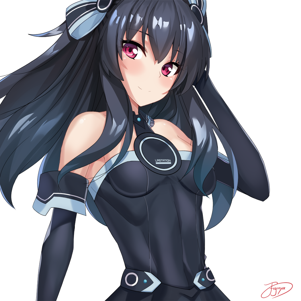 1girl bare_shoulders black_gloves black_hair blush breasts dress elbow_gloves fignya gloves hair_between_eyes hair_ribbon long_hair looking_at_viewer neptune_(series) red_eyes ribbon simple_background small_breasts smile solo two_side_up uni_(neptune_series) upper_body very_long_hair white_background