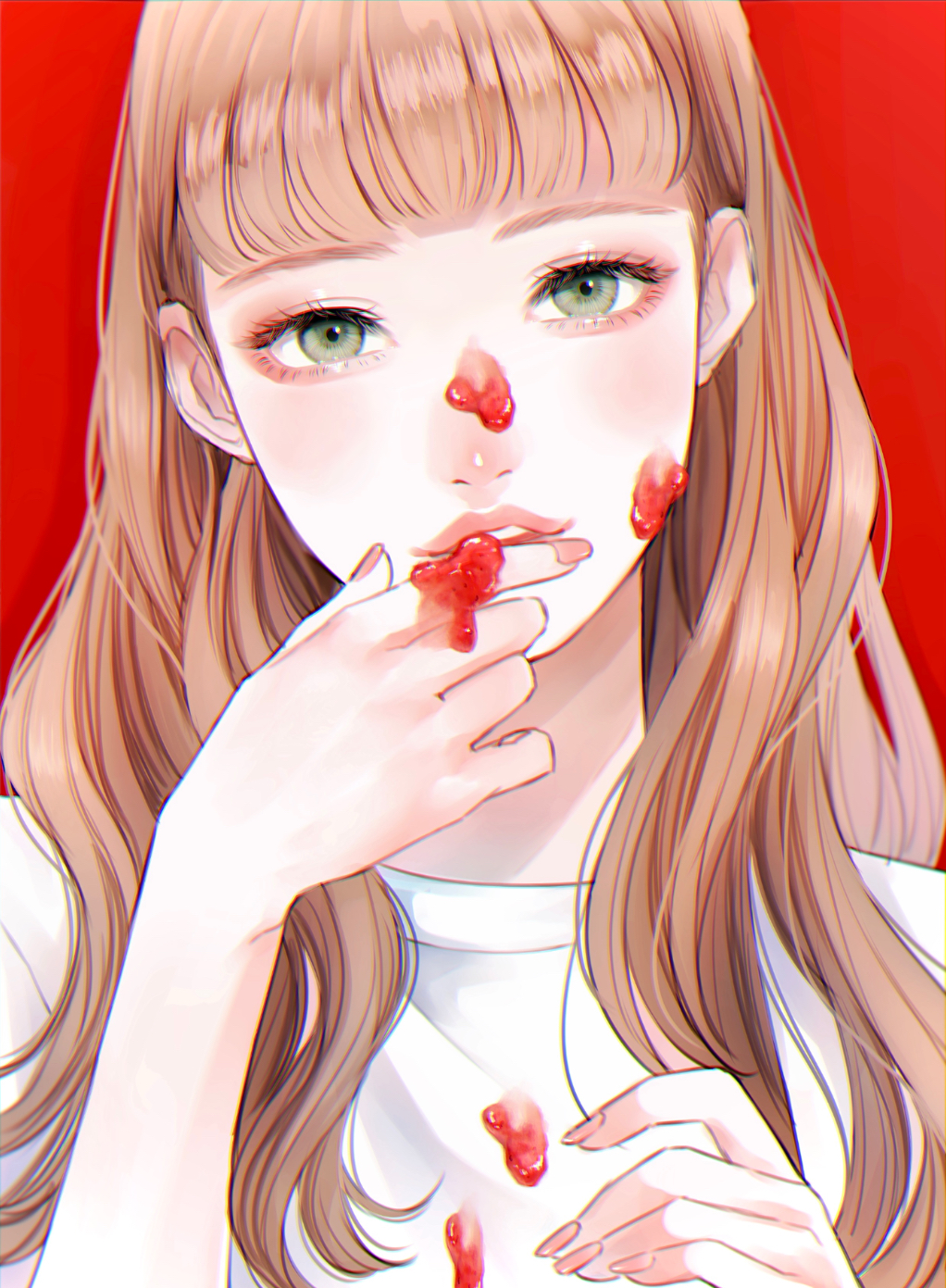 1girl bangs black_eyes blunt_bangs brown_hair food food_on_clothes food_on_face fruit hand_up highres licking licking_finger lipstick long_hair looking_at_viewer makeup original parted_lips red_background red_lips redrawn shirt simple_background solo strawberry tsunko_(9v2_q) unmoving_pattern upper_body white_shirt