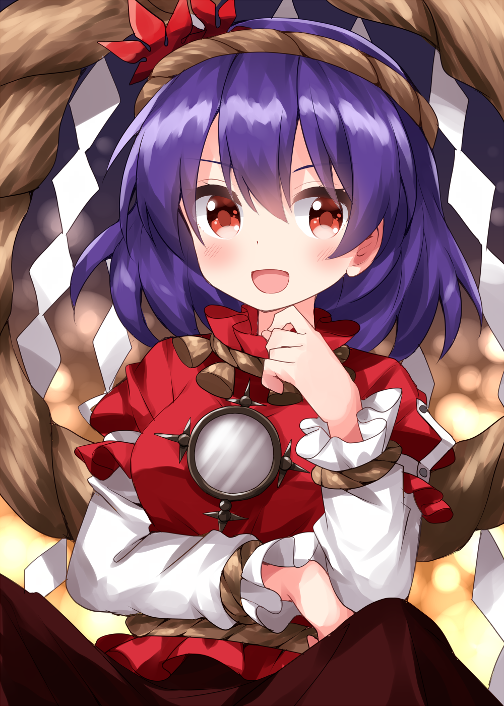 1girl blue_hair blush brown_skirt hair_between_eyes hair_ornament highres layered_sleeves leaf_hair_ornament long_sleeves mirror open_mouth red_eyes red_shirt rope ruu_(tksymkw) shimenawa shirt short_hair short_over_long_sleeves short_sleeves skirt smile solo touhou upper_body yasaka_kanako