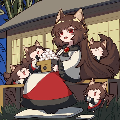 5girls :3 :d animal_ears bamboo bangs basket brooch brown_hair dress fang imaizumi_kagerou jewelry long_hair looking_at_viewer lowres multiple_girls night open_mouth outdoors red_dress red_eyes romayasu sitting smile tail touhou two-tone_dress white_dress wolf_ears wolf_girl wolf_tail