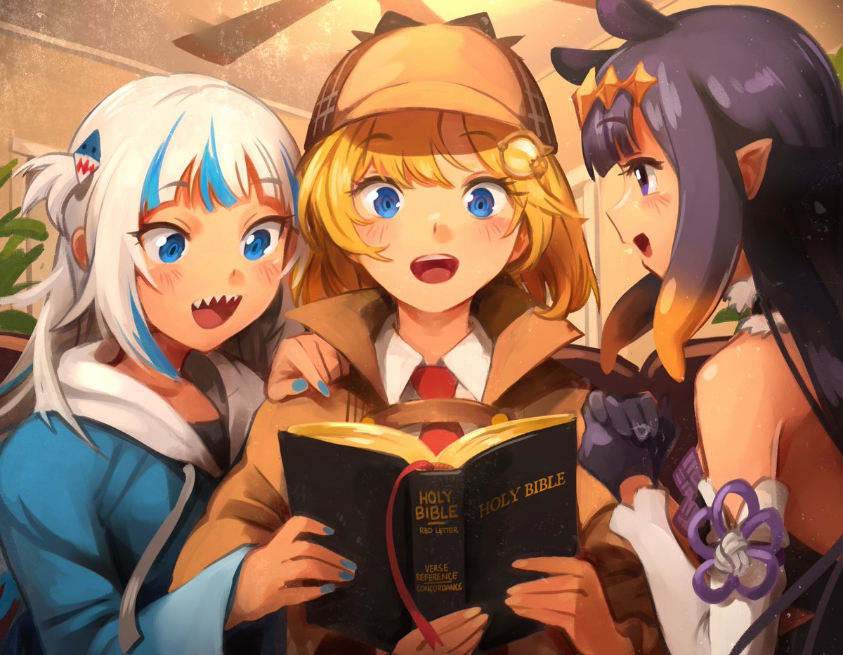 3girls bangs bible black_hair blonde_hair blue_eyes blue_hair blue_nails blunt_bangs blush book brown_coat brown_headwear coat collared_shirt detached_sleeves english_commentary gawr_gura gloves hair_flaps hair_ornament holding holding_book hololive hololive_english hood hoodie khyle. long_hair looking_at_another multicolored_hair multiple_girls nail_polish necktie ninomae_ina'nis one_side_up open_mouth reading red_necktie shark_hair_ornament sharp_teeth shirt short_hair sidelocks streaked_hair teeth tentacle_hair two-tone_hair upper_body violet_eyes watson_amelia white_hair