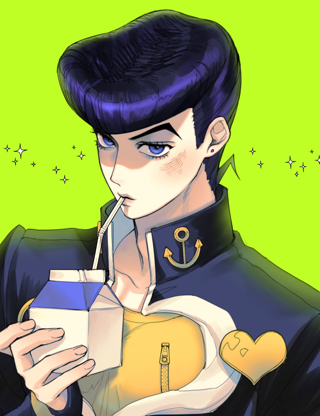 1boy anchor_symbol black_hair diamond_wa_kudakenai gakuran higashikata_josuke highres jojo_no_kimyou_na_bouken juice_box male_focus peace_symbol pompadour purple_hair ranch_jjba school_uniform solo sparkle violet_eyes