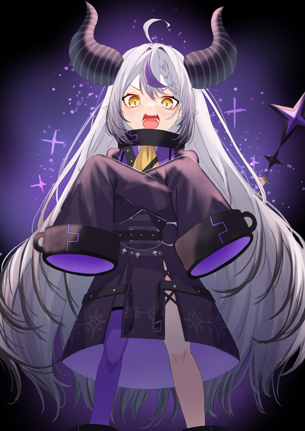 1girl absurdly_long_hair antenna_hair ascot asymmetrical_legwear black_dress braid crossed_arms dark_background demon_girl demon_horns dress fang front_braid gomo highres hololive horns la+_darknesss long_hair long_sleeves looking_at_viewer open_mouth pointy_ears purple_legwear simple_background single_thighhigh sleeves_past_fingers sleeves_past_wrists solo star_(symbol) teeth thigh-highs tongue very_long_hair yellow_ascot yellow_eyes