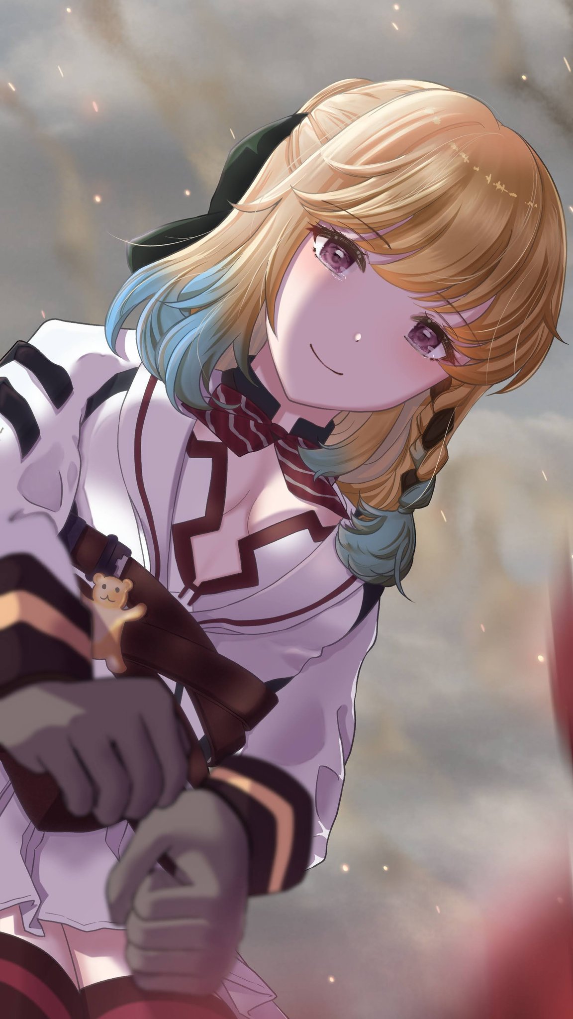 1girl bangs belt blonde_hair blue_hair blurry bow bowtie braid breasts breasts_apart brown_belt center_opening closed_mouth commentary_request counter:side depth_of_field dot_nose embers eyebrows_visible_through_hair foreshortening from_below gloves gradient_hair highres jacket leaning_forward light_blush long_sleeves looking_at_viewer looking_down lyudmila_(counter:side) medium_hair miniskirt multicolored_hair pleated_skirt ribbon_braid shade skirt sleeve_cuffs smile smoke solo tearing_up thigh-highs violet_eyes white_jacket white_skirt yokoshimahama zettai_ryouiki