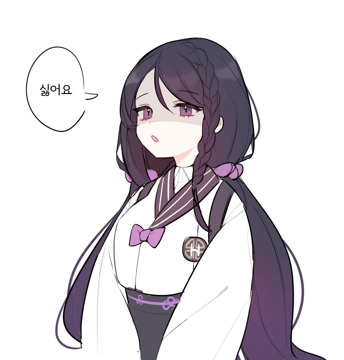 1girl ban_mumani black_hair black_survival bow eyebrows_visible_through_hair hair_behind_ear hyejin_(black_survival) korean_clothes korean_commentary korean_text long_hair looking_ahead low_twintails open_mouth purple_bow shaded_face solo twintails upper_body very_long_hair violet_eyes white_background