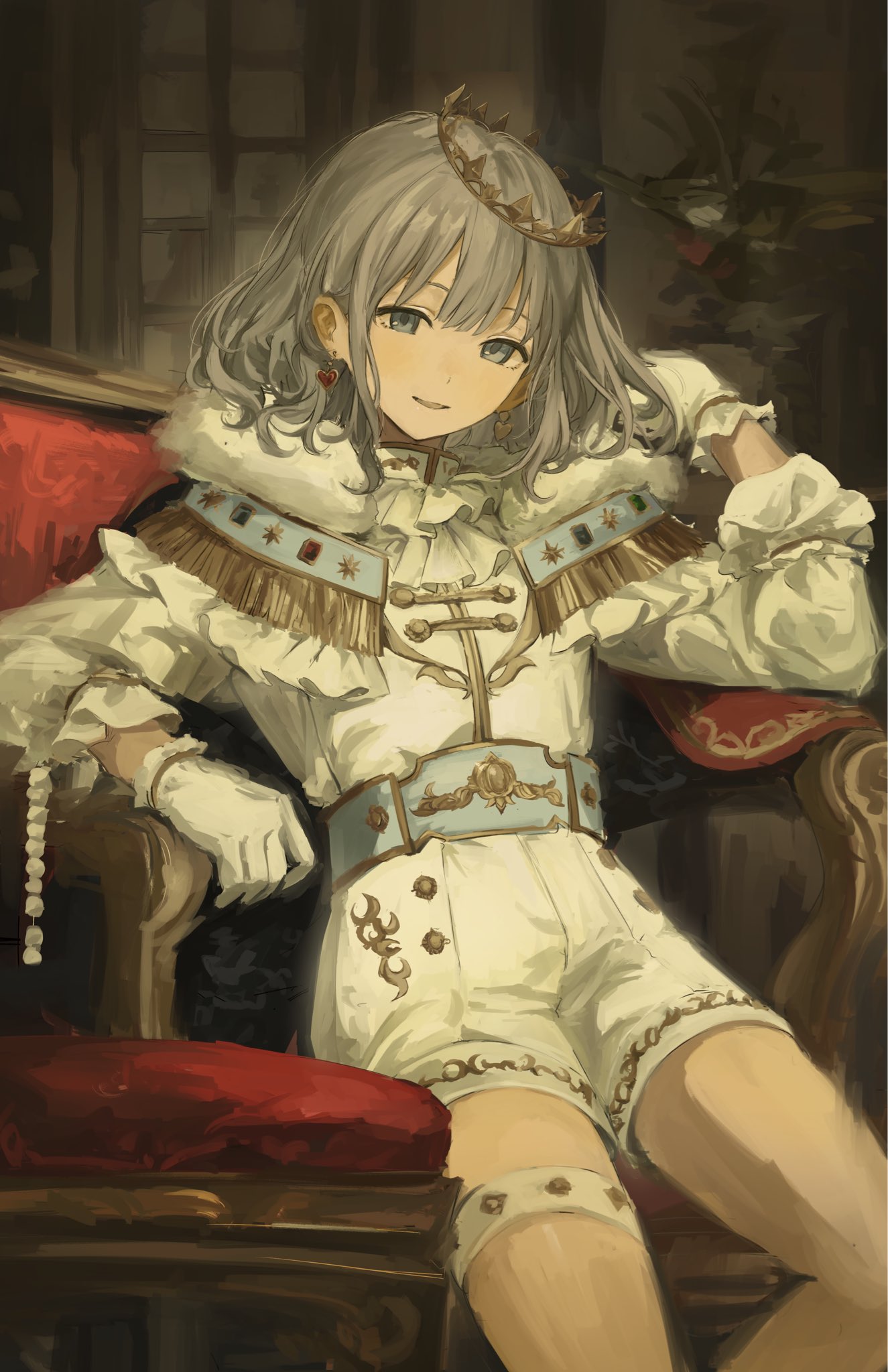 1girl alternate_costume arm_rest ascot bangs blue_eyes commentary couch crown earrings elbow_rest feet_out_of_frame fringe_trim funabashi_(iwzry) fur_trim gloves grey_hair heart heart_earrings highres idolmaster idolmaster_shiny_colors indoors jewelry leg_garter looking_at_viewer open_mouth royal serizawa_asahi short_hair shorts sitting smile solo white_ascot white_gloves white_shorts
